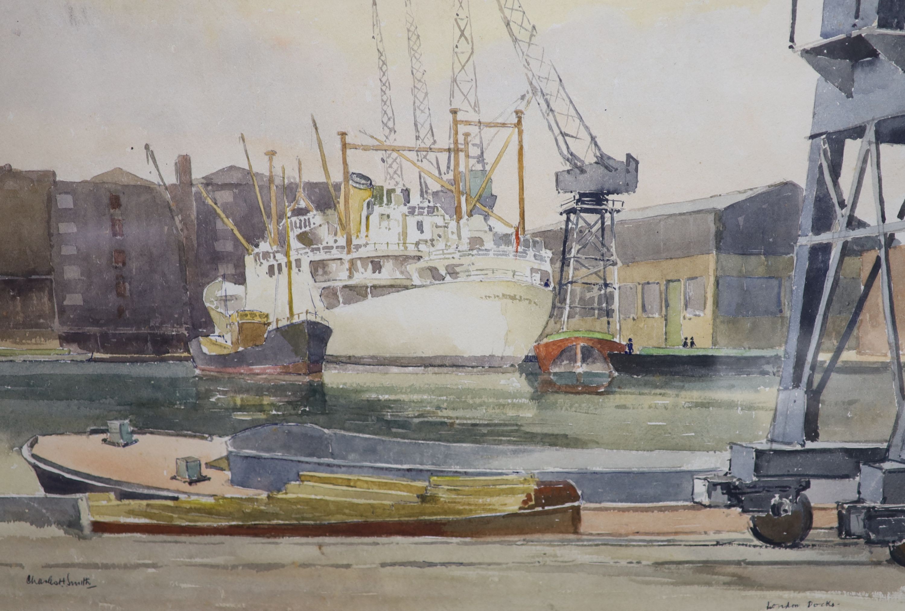 Charles H.Smith, watercolour, London Docks, signed, 35 x 50cm.